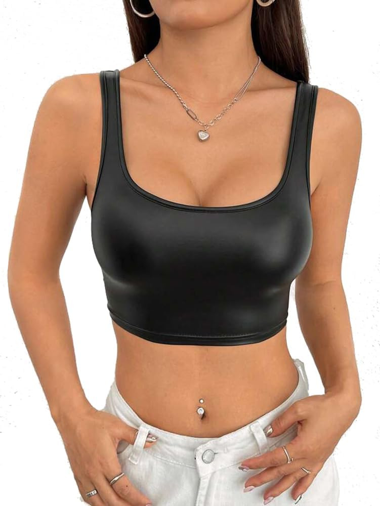 Women's Faux PU Leather Square Neck Sleeveless Shirts Slim Fit Casual Latex Tank Crop Mini Top | Amazon (US)