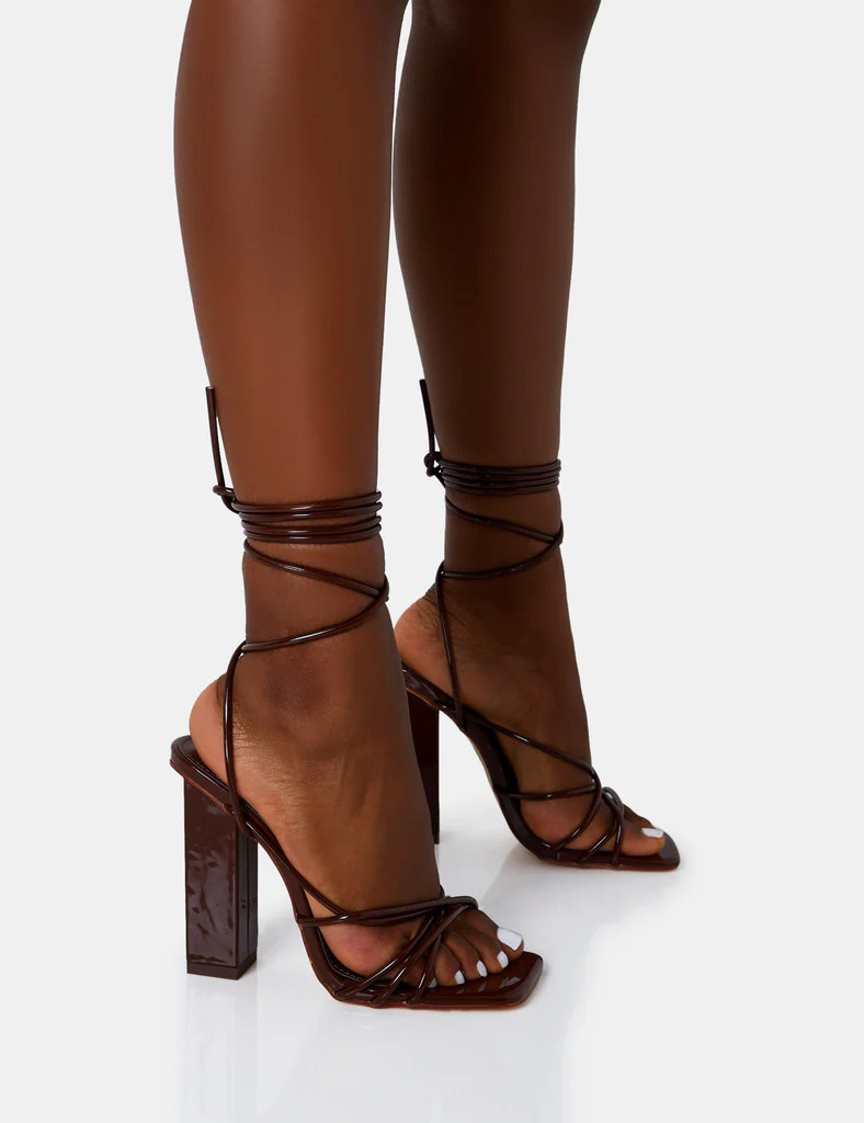 Nyla Chocolate Patent Strappy Lace Up Square Toe Block Heels | Public Desire (US & CA)