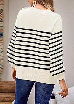 ETCYY Womens Striped Sweaters Fall 2022 Batwing Long Sleeve Side Slit Oversized Crew Neck Knit Pu... | Amazon (US)