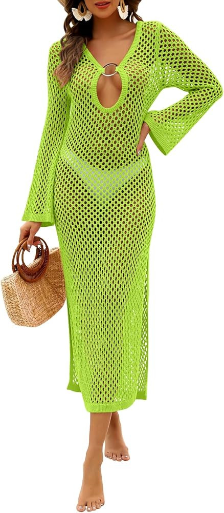 Caracilia Women Swimsuit Coverup Crochet Bathing Suit Swim Cover Ups for Swimwear Summer Long Sle... | Amazon (US)