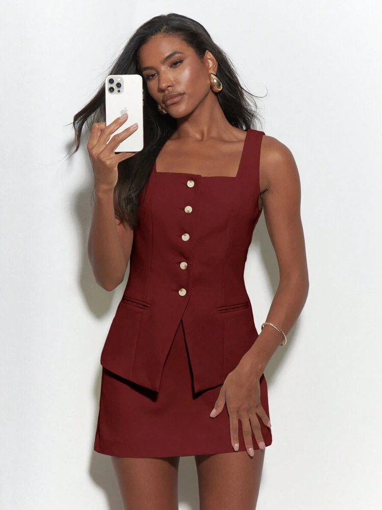 MISSGUIDED Button Front Two Piece Mini Dress Set Square Neck Sleeveless Tailored Vest Top With High Waist A Line Skirt Office Business Wear Party Cocktail Outfit Autumn Winter Collection | SHEIN