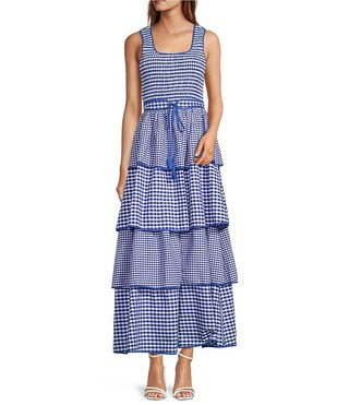 Vanna Checker Sally Scoop Neck Gingham Print Smocked Tassel Belt Tiered Ruffle Maxi Dress | Dillard's