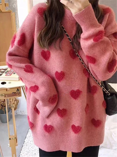 Soft Love Heart Sweater for Women Round Neck Long Sleeve Tops Warm Pullover Knitwears Korean Fash... | AliExpress (US)