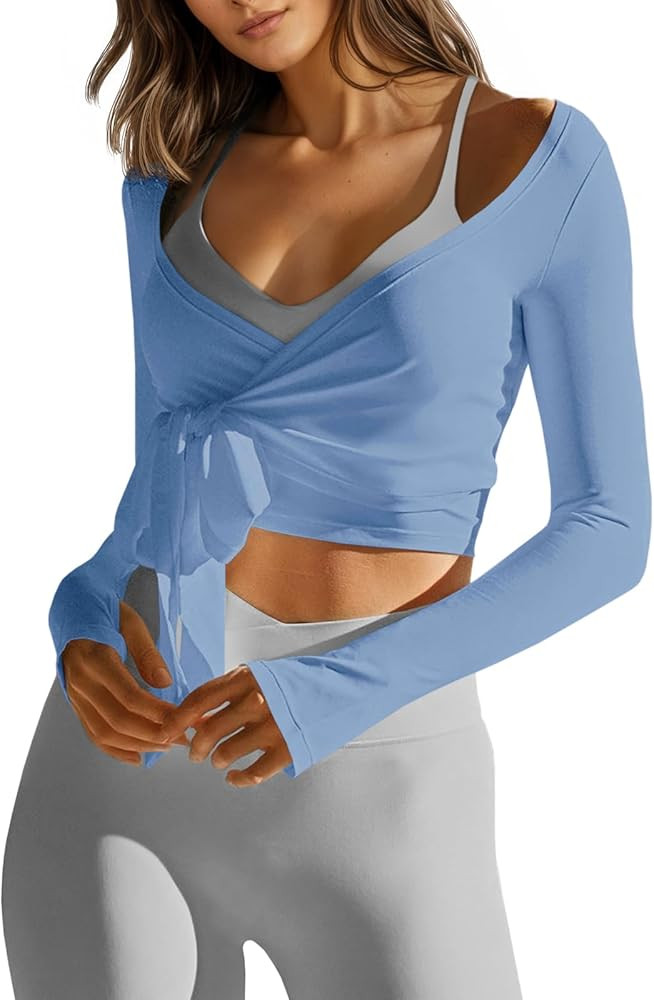 Amazon.com: Fisoew Womens Wrap Tie Tops Long Sleeve Workout Crop Wrap Shirts Casual Lightweight B... | Amazon (US)