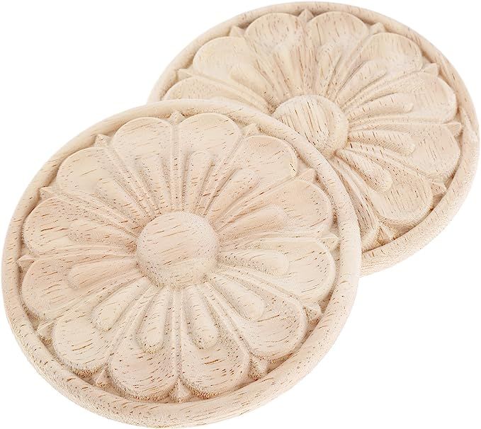 MUXSAM 2Pcs Wood Carved Onlays Appliques for Furniture Wall Door Center, 10cm/3.94", Solid Round ... | Amazon (US)