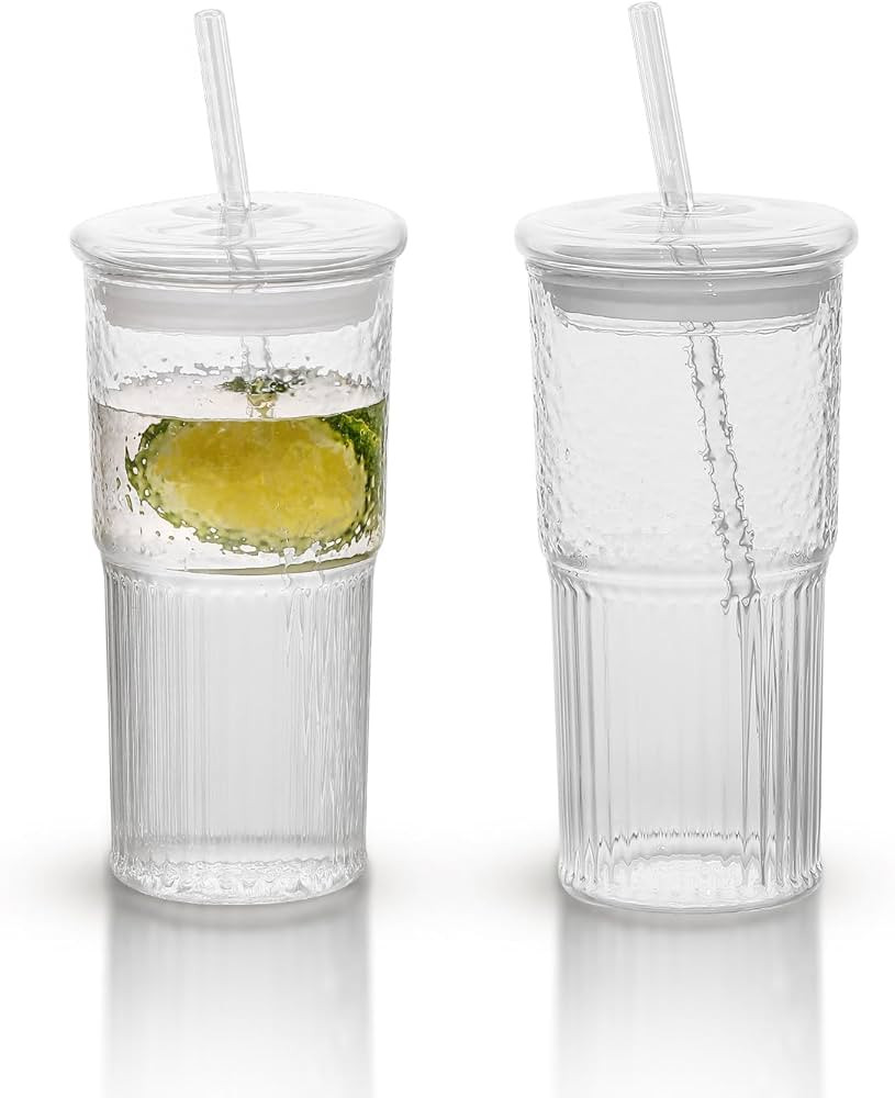 2-pack glass straw cup drinking water cup ice coffee cup with lid 720 ml beverage cup leakproof 2... | Amazon (US)