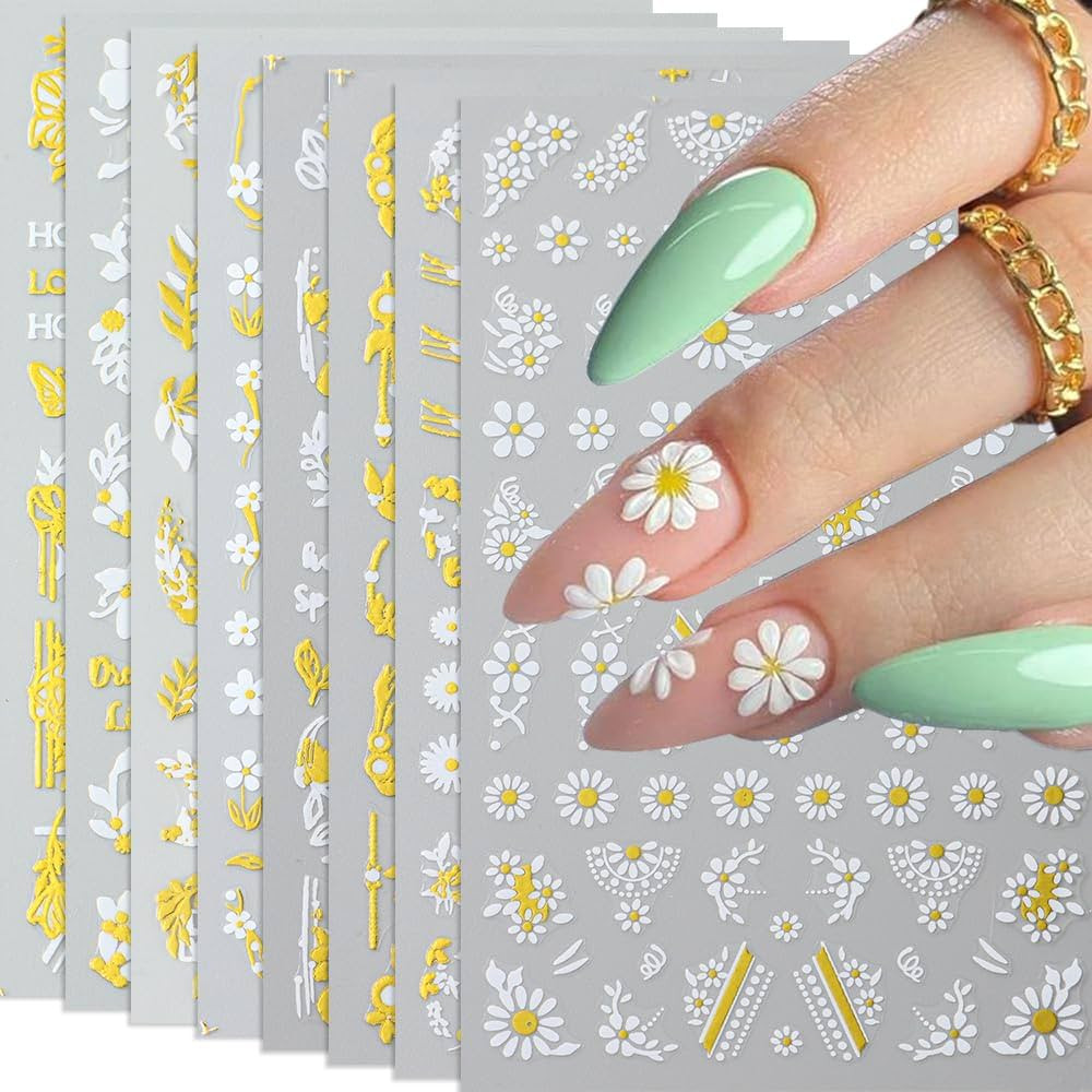 Flower Nail Art Stickers, Floral Nail Decals 3D Self-Adhesive Gold White Cherry Blossom Daisy Lea... | Amazon (US)