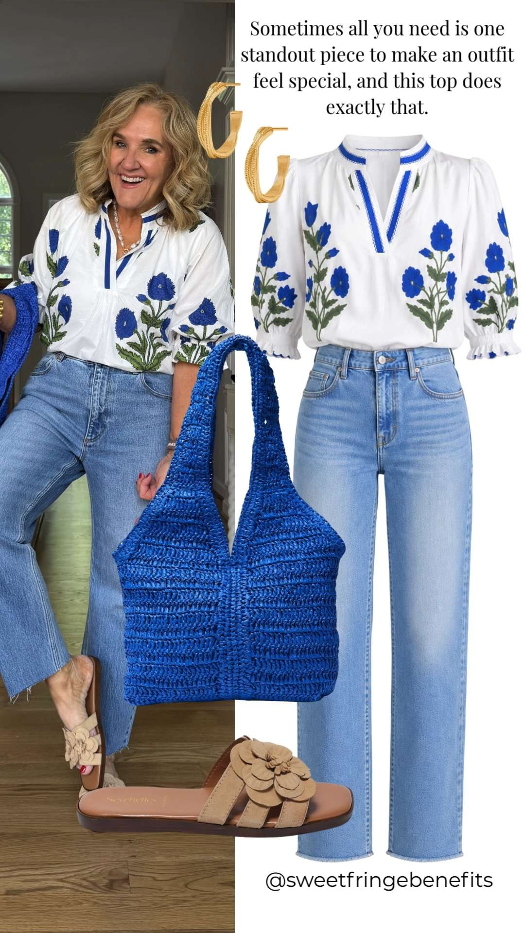 Sometimes all you need is one standout piece to make an outfit feel special, and this top does exactly that. Paired with simple denim and neutral sandals, it creates an effortless look that's perfect for summer.  🫶🏻 

 #LTKootd #LTKSeasonal #LTKOver40