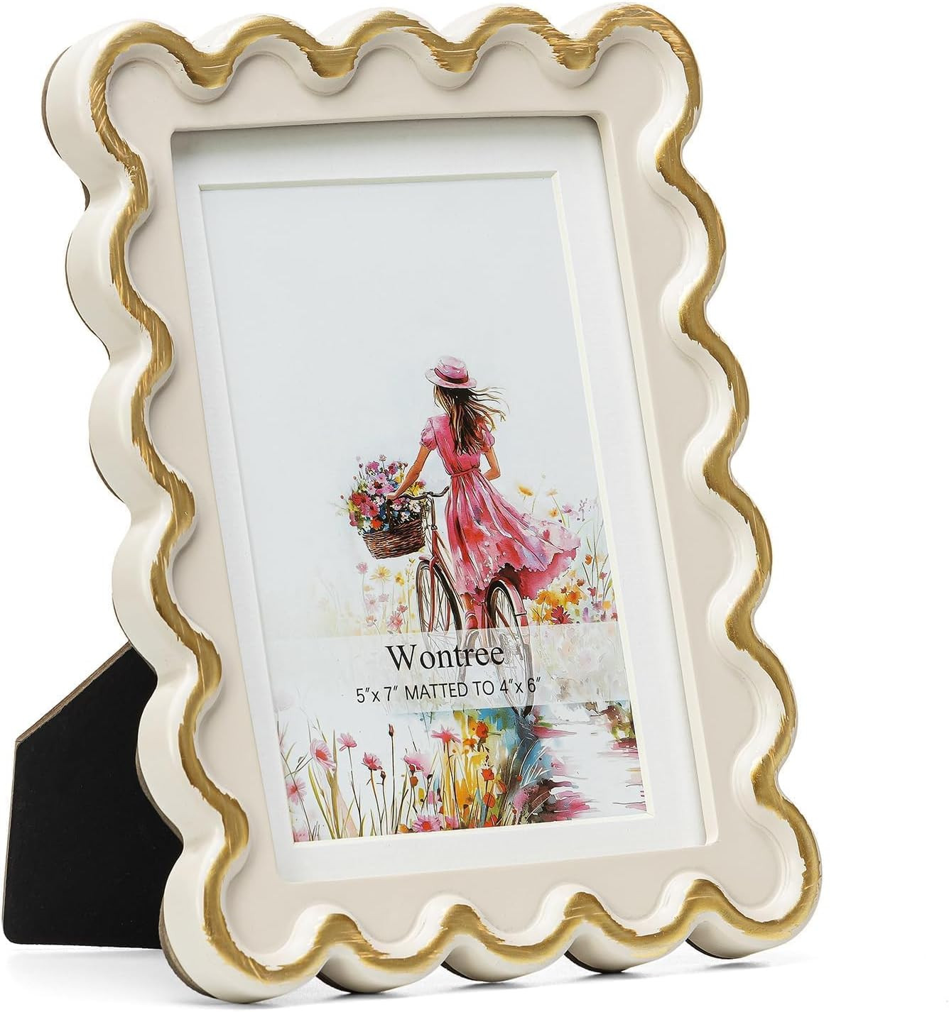 5x7 Picture Frame in Beige with Shinning Gold Wavy Edge, Resin Frame with Real Glass, Display 5x7... | Amazon (US)