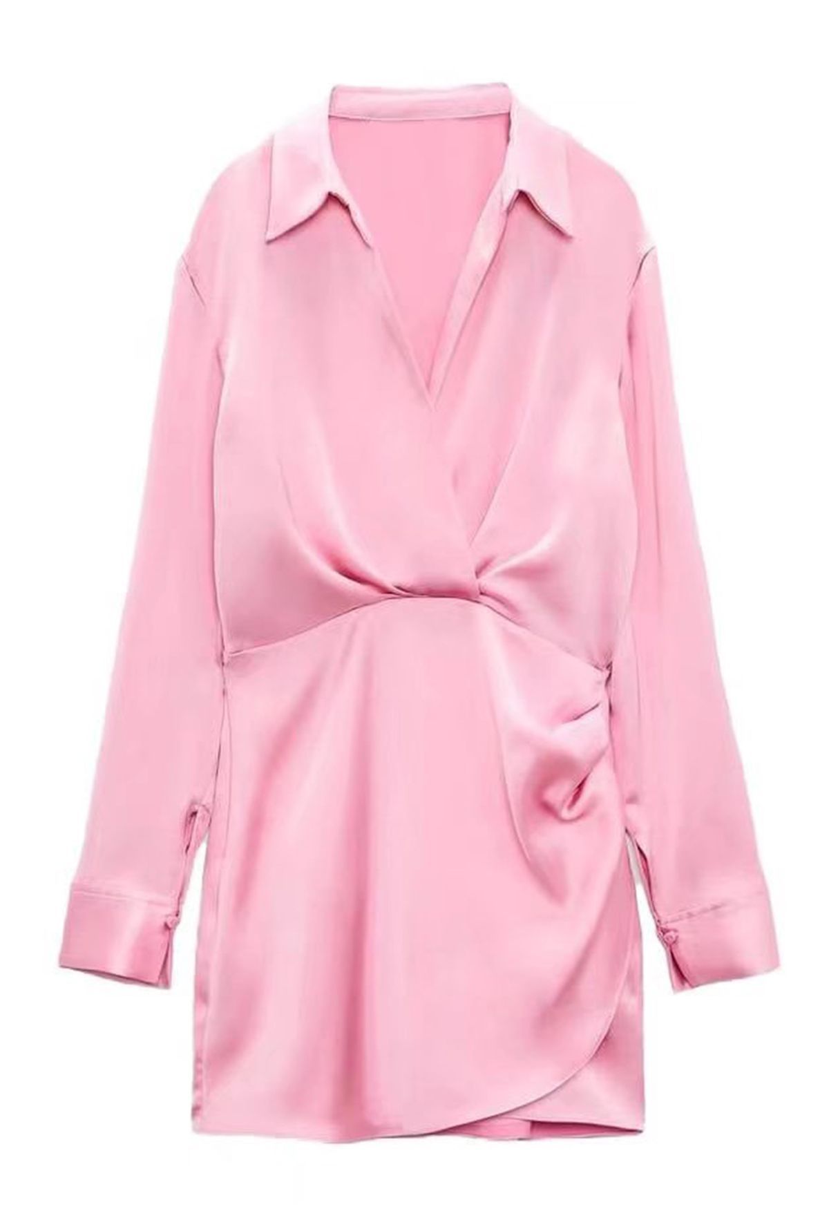 V-Neck Ruched Front Satin Shirt Dress in Pink | Chicwish