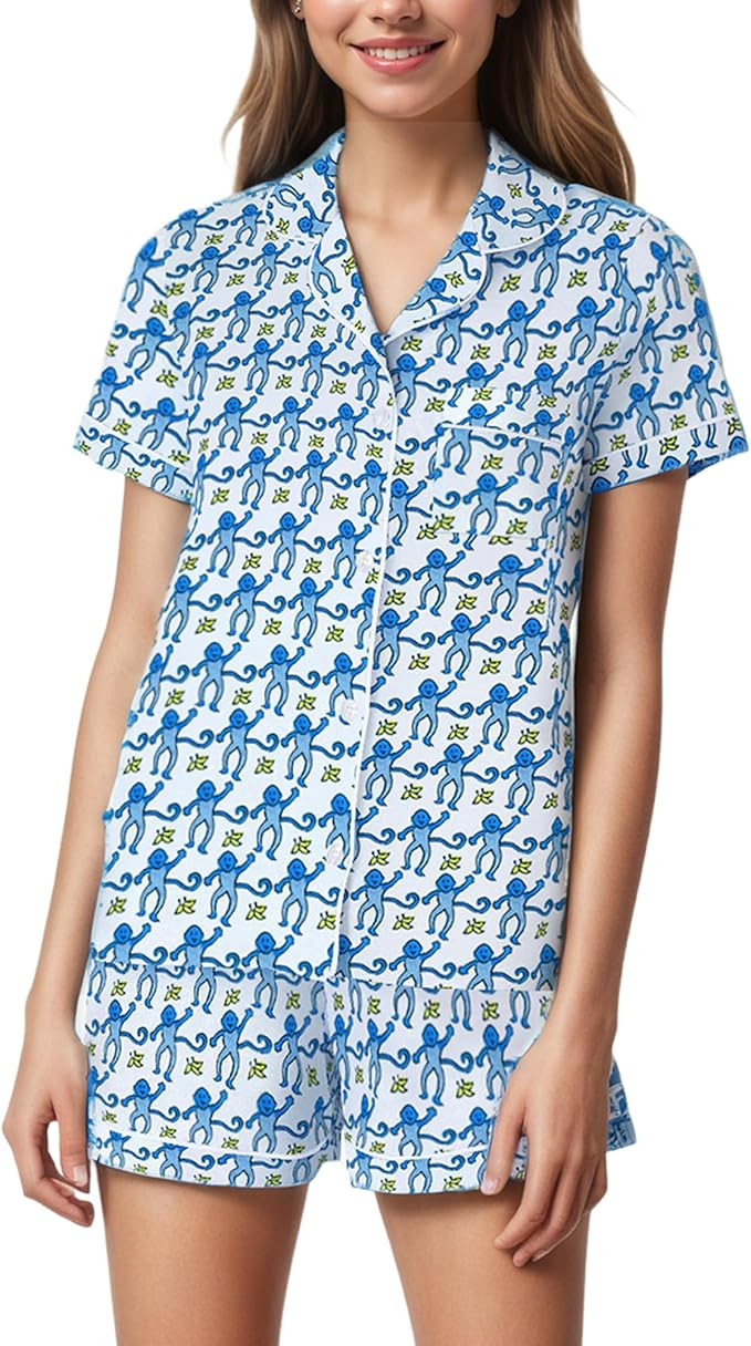 Ammiko Womens Pajamas Set Y2k Loungewear Pajama Button Down Top and Shorts Monkey Beach Short Sle... | Amazon (US)