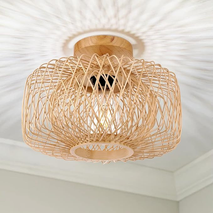 FRIDEKO HOME Woven Rattan Flush Mount Light Fixture - Boho Light Fixtures Ceiling Bedroom Ceiling... | Amazon (US)