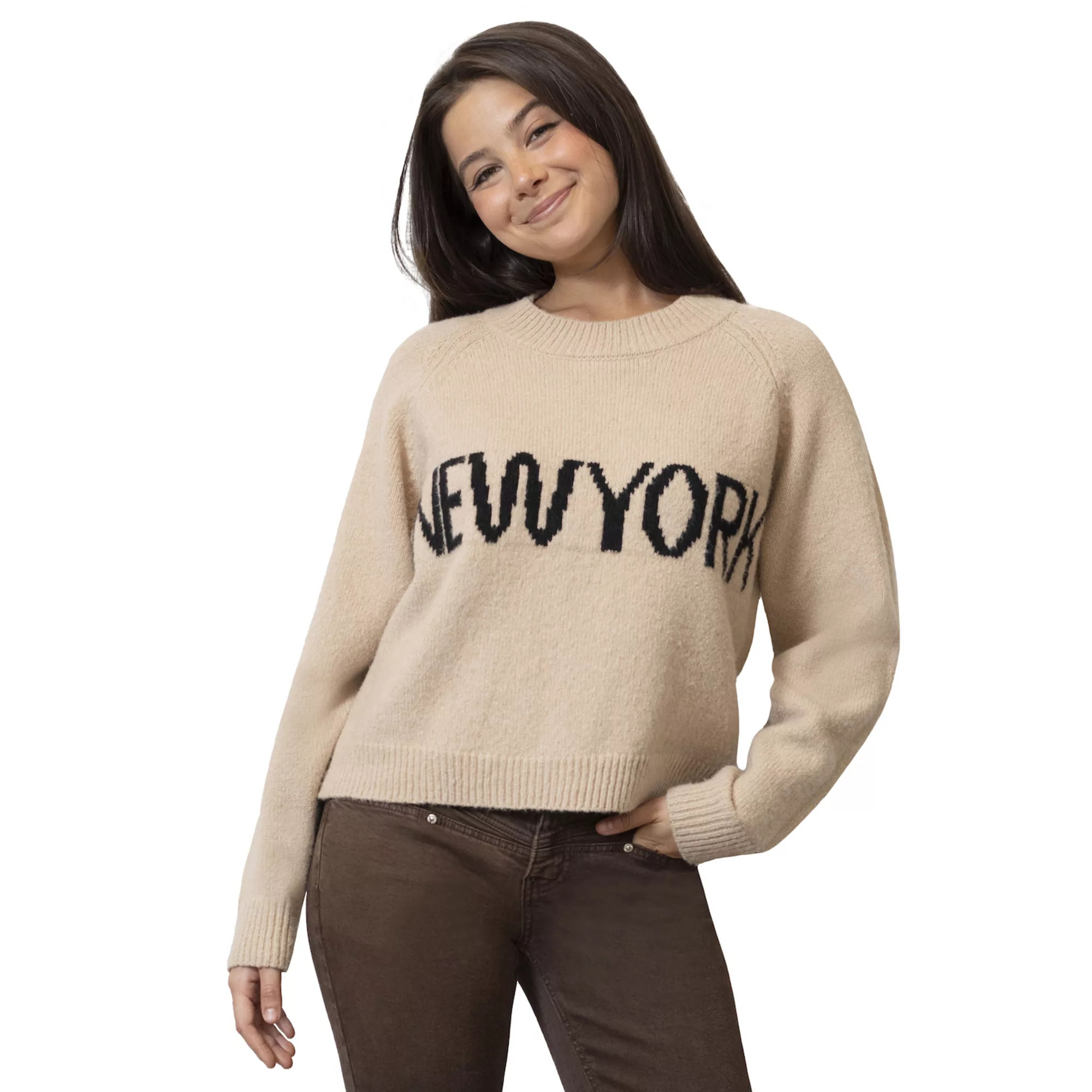 Juniors' madden girl New York Jacquard Long Sleeve Crew Neck Sweater | Kohl's
