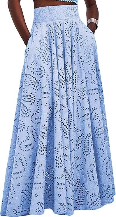 Women Fall Long Maxi Eyelet Embroidered Party Club Pleated Cute Ladies Skirt | Amazon (US)