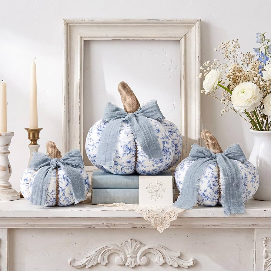 Yookeer 3 Pack Chinoiserie Pumpkin Decorations Blue and White Pumpkin | Amazon (US)