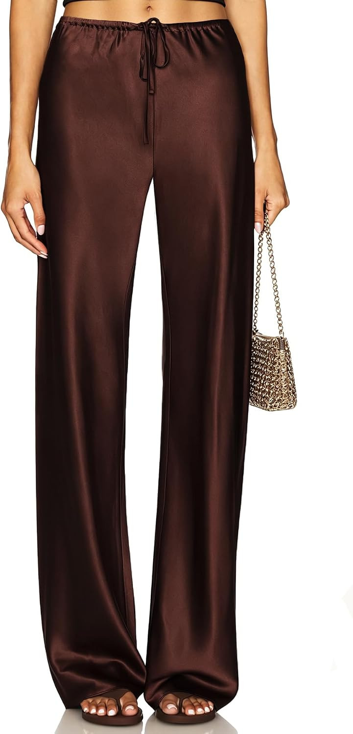 Women's Satin Wide Leg Pants Drawstring Elastic High Waisted Casual Flowy Leg Loose Straight Leg Trousers | Amazon (US)