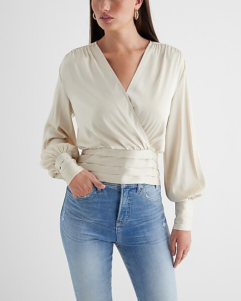 Satin V-Neck Balloon Sleeve Faux Wrap Top | Express