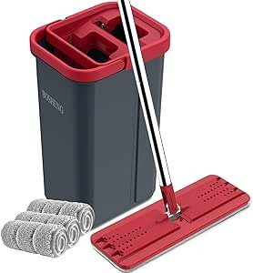 Hands-Free Mop and Bucket Set with 3 Washable Pads, Wet/Dry Floor Cleaning System, Red/Black | Amazon (US)