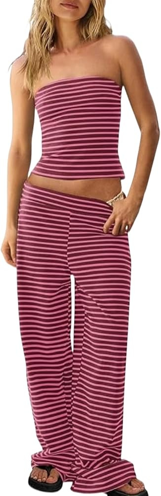 Womens Striped Two Piece Sets Summer Tube Top and Wide Leg Pants Lounge Outfit Y2K Beach Vacation... | Amazon (US)