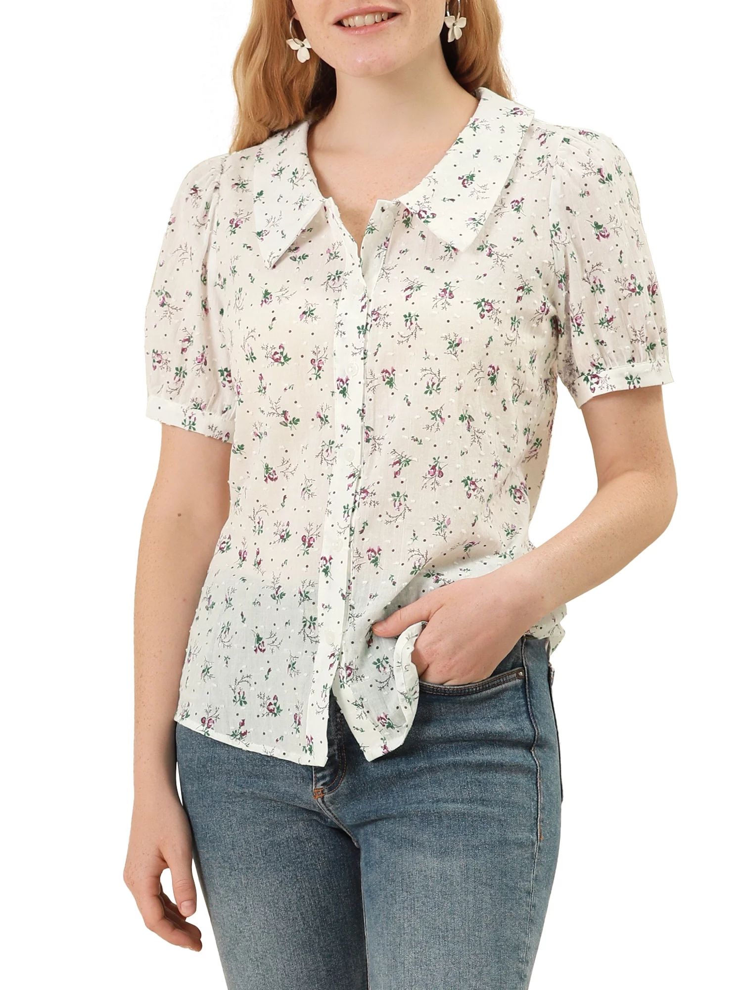 Allegra K Women's Floral Turn Down Collar Swiss Dots Button Front Shirt Blouse - Walmart.com | Walmart (US)