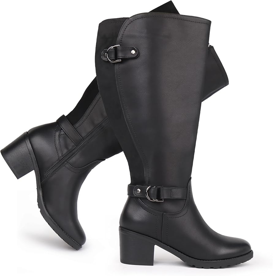 Damen-Reitstiefel mit weitem Schaft und kniehohem Absatz, seitlichem Reißverschluss und Blockabs... | Amazon (DE)