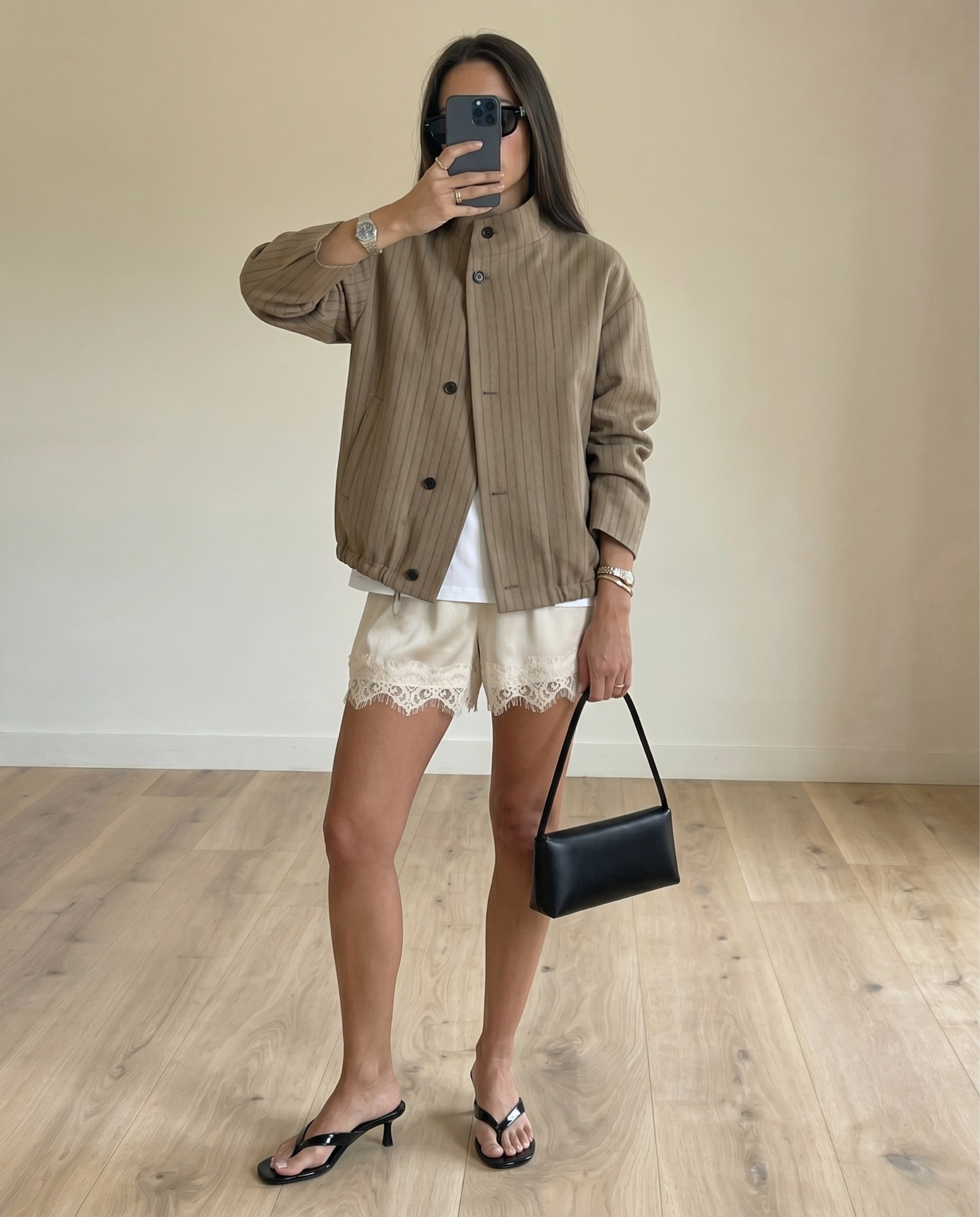 Lace shorts outfit🐚

Tags: khaki jacket outfit, summer outfit, spring causal outfit, black shoulder bag outfit, black heels outfit 

#LTKspring #LTKuk #LTKsummer