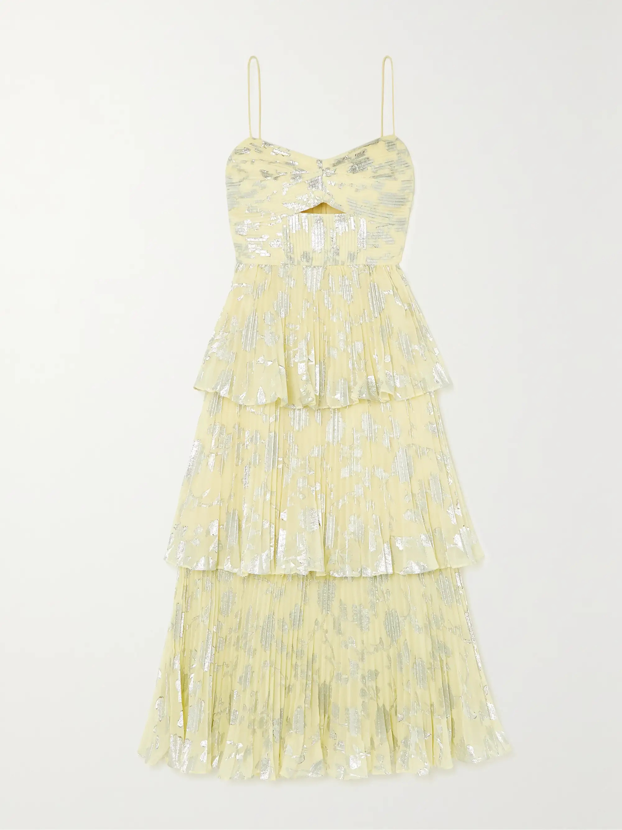 Tiered plissé-chiffon jacquard midi dress | NET-A-PORTER (US)