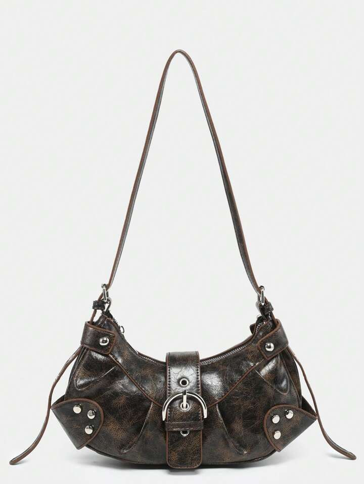 Lightweight Portable Vintage Crossbody Bag For Women: Punk & Gothic Y2K Style Vegan Leather Motorcycle Purse With Rivets, Metal Chains & Adjustable Strap – Accessories For Teens, College Girls, Street Fashion, Concerts, Music Festivals, And Edgy Outfits., 2000s Fashion Style Bag For Women | SHEIN