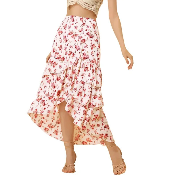 Allegra K Women's High Low Ruffle Hem Skirt Elastic Waisted Ruched Floral Maxi Tiered Skirt | Walmart (US)