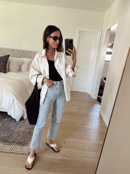 Today’s outfit from May’s capsule wardrobe 
Jeans run tts- but if between sizes size up 
Jacket is an oversized fit, if you want it more fitted, size down 
ITSYBITSYINDULGENCES10 for 10% off sandals 

#LTKover40