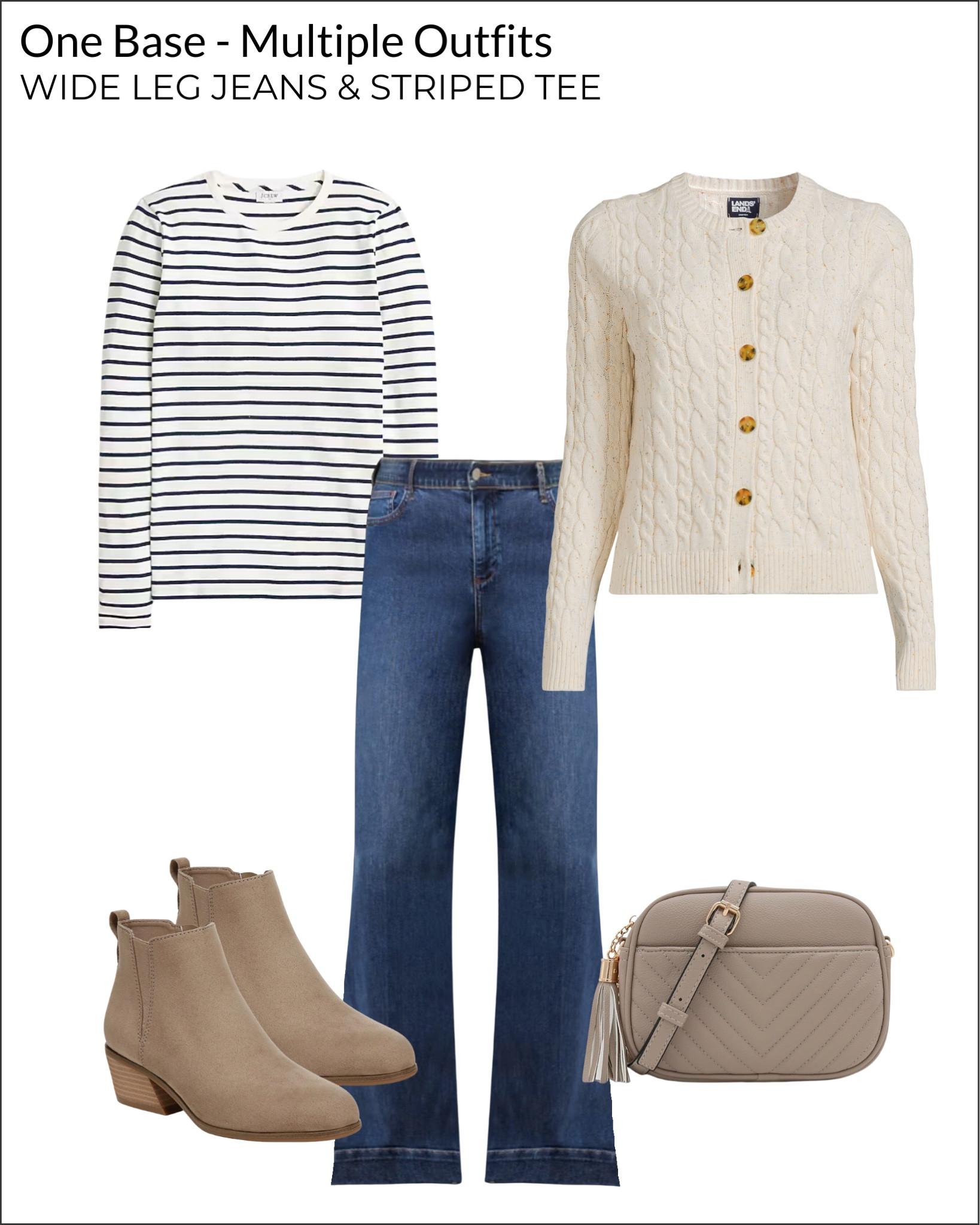 1 Base, 10 Outfits: How To Style Wide Leg Jeans And A Striped Tee In Multiple Budget-Buy Outfits

Ivory button cardigan, taupe ankle booties, quilted crossbody bag