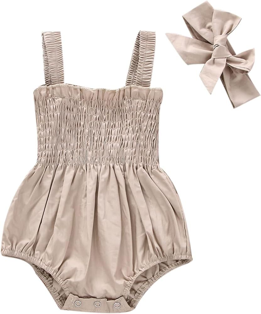 Newborn Baby Girl Bodysuit Sleeveless Halter Frill Romper One-piece Jumpsuit with Headband Summer Cl | Amazon (US)