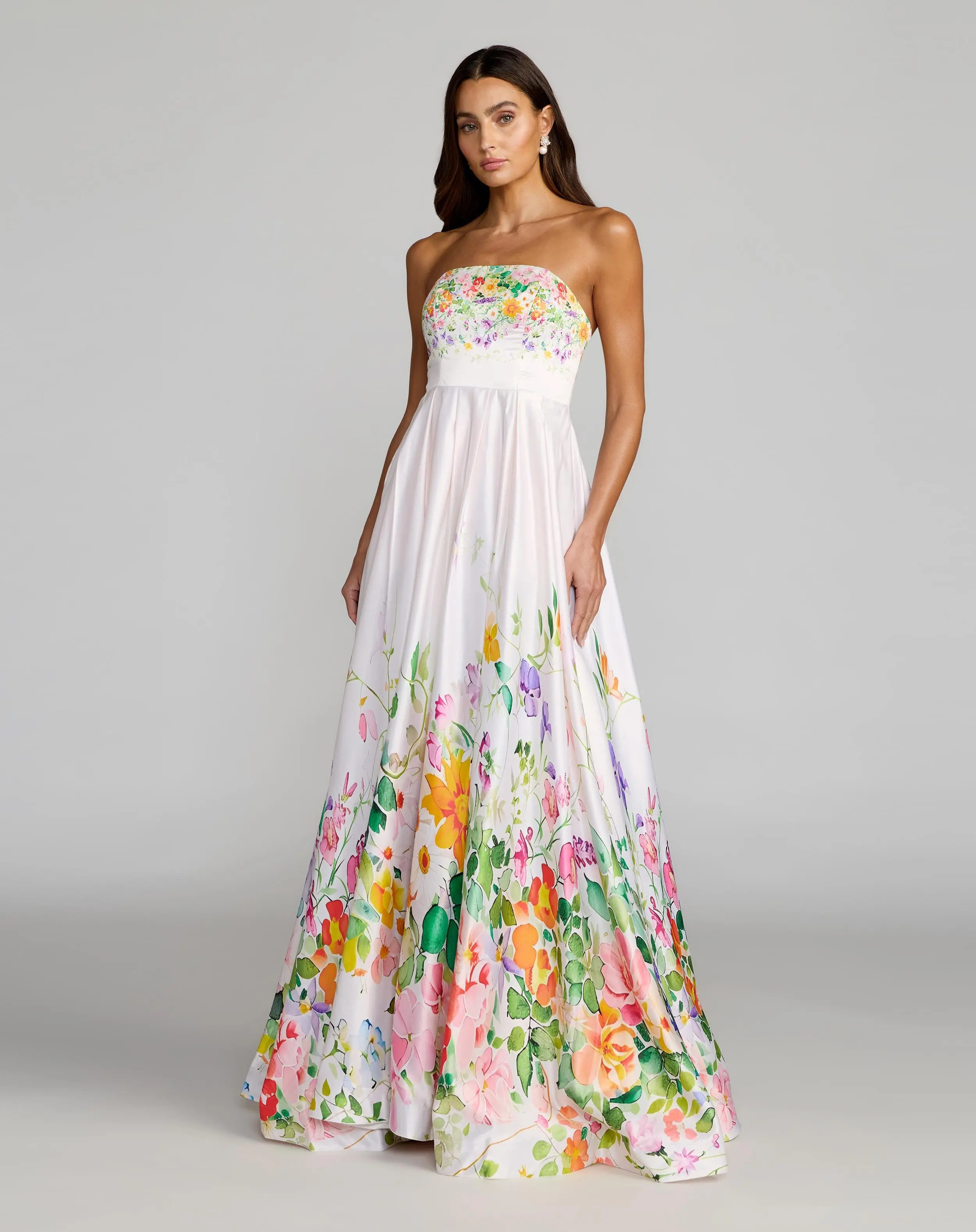 White Floral Print Strapless Satin A Line Gown With Pockets | Mac Duggal | Mac Duggal