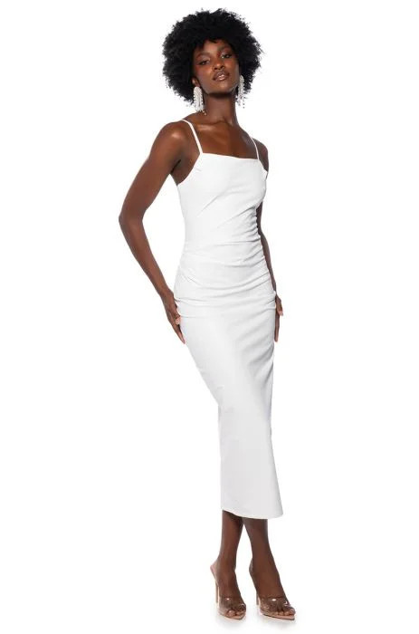 UP TO NO GOOD SLEEVELESS FAUX LEATHER MIDI DRESS WITH 4 WAY STRETCH in black | AKIRA