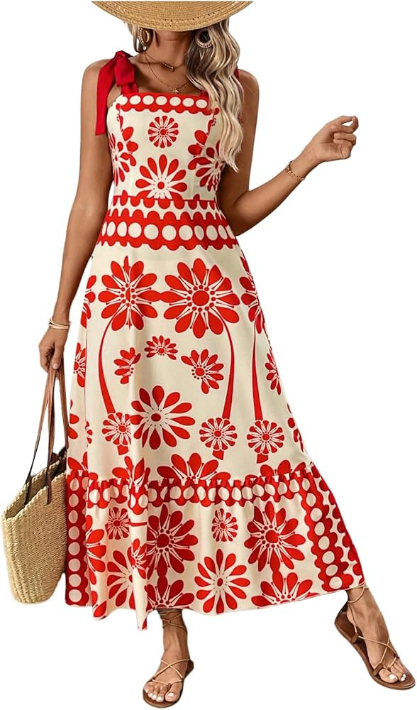 Floerns Women's Vintage Sleeveless Tie Shoulder Sundress Floral Print Cami Maxi Dress | Amazon (US)