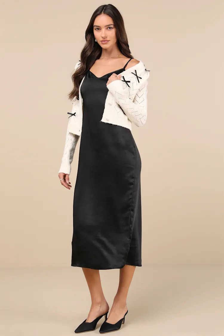 Coquette Coziness Black and Ivory Two-Piece Dress & Cardigan Set | Lulus