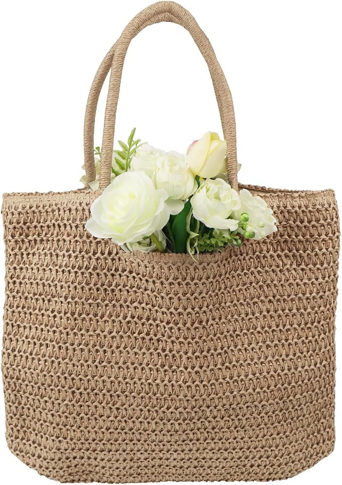 Straw Beach Tote Bag for Women,Summer Beach Bag Rattan Handbag,Large Khaki Woven Beach Tote With ... | Amazon (US)
