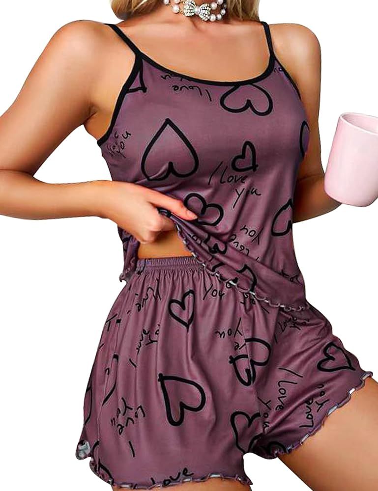 RSLOVE Women's Sexy Pajamas Sets Silk Ruffled Cami Shorts Sets Heart Print PJ Set Soft Sleepwear ... | Amazon (US)