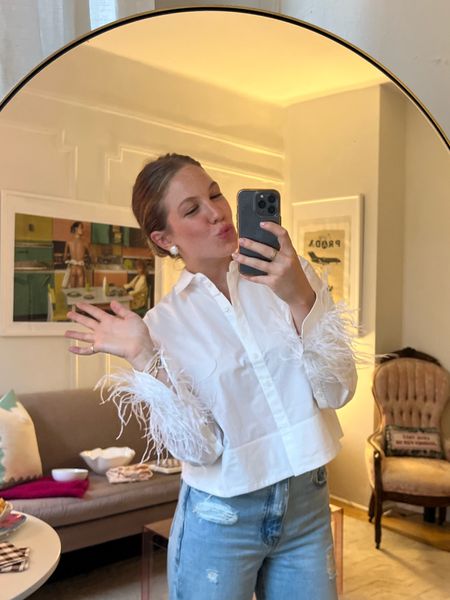 Girls night OOTN! Perfect top for fall or holiday dressing — simple but fun, a classic white button down with feathers! Looks fabulous paired with these oversized pearl earrings with a twist

#LTKparties #LTKfindsunder100 #LTKfindsunder50