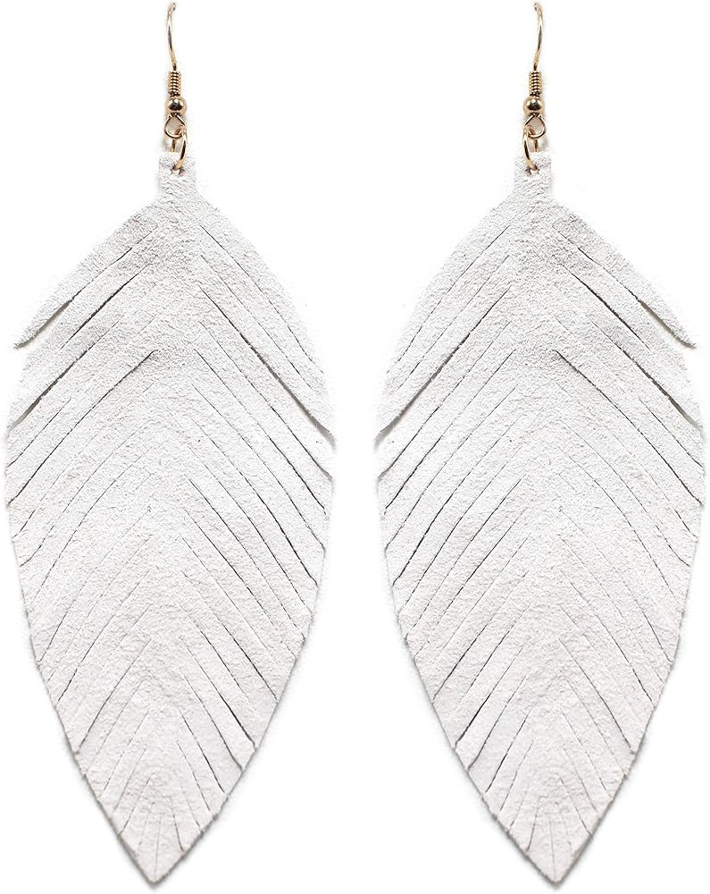 Large Genuine Soft Leather Handmade Fringe Feather Lightweight Tear Drop Dangle Color Earrings fo... | Amazon (US)