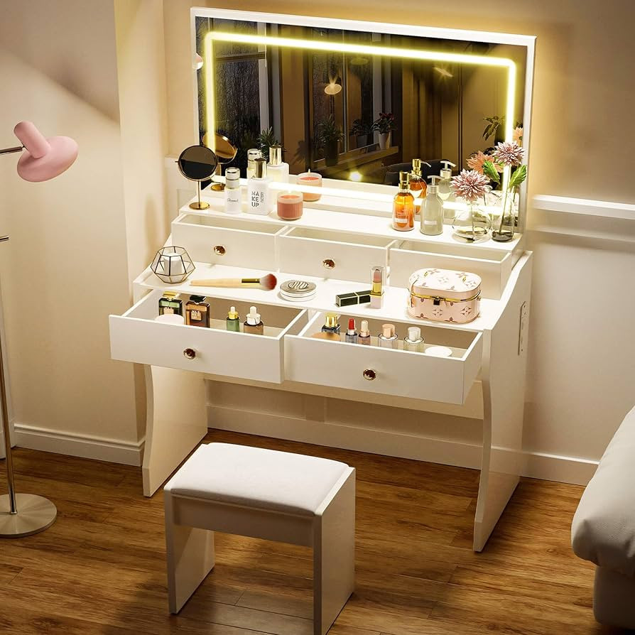 COMHOMA Makeup Vanity Desk with Mirror and Lights, Vanity Table and Chair Set with 5 Drawers and ... | Amazon (US)