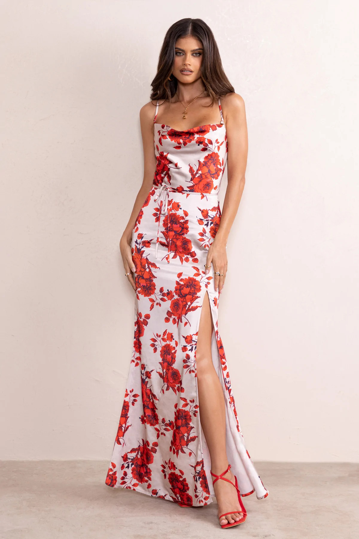 Fairy Tale | Champagne Floral Print Cowl Neck Satin Maxi Dress with Waist Tie | Club L London
