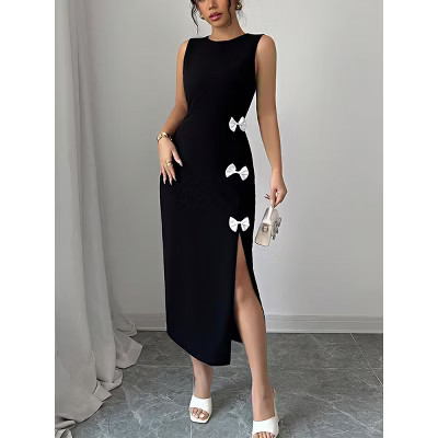 Sleeveless Midi Dress White Bow Accents Bodycon Split Cocktail Dress, Black, S | Target