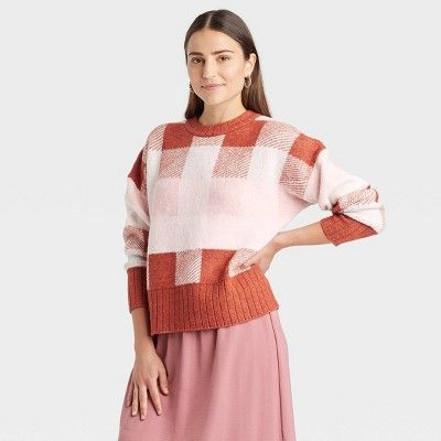 Women&#39;s Crewneck Pullover Sweater - A New Day&#8482; Brown Plaid S | Target