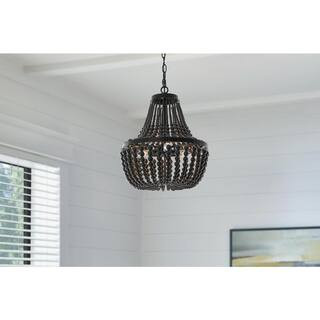 Cayman 3-Light Black Chandelier Light Fixture with Black Faux Wood Beaded Shade | The Home Depot