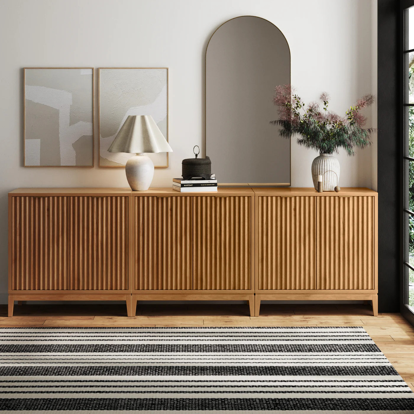 Mid-Century Fluted Storage Cabinet Credenza Warm Pine (Set of 3) | Nathan James