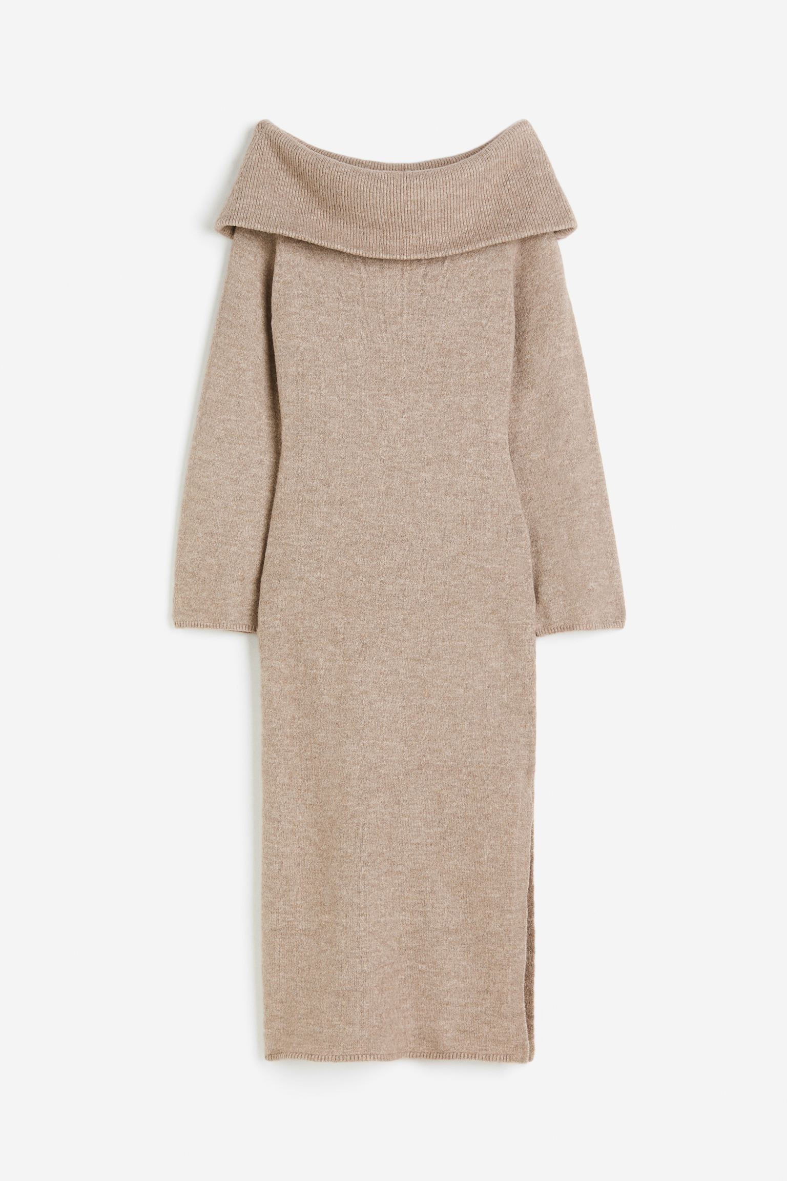 Knitted off-the-shoulder dress - Beige marl - Ladies | H&M GB | H&M (UK, MY, IN, SG, PH, TW, HK)