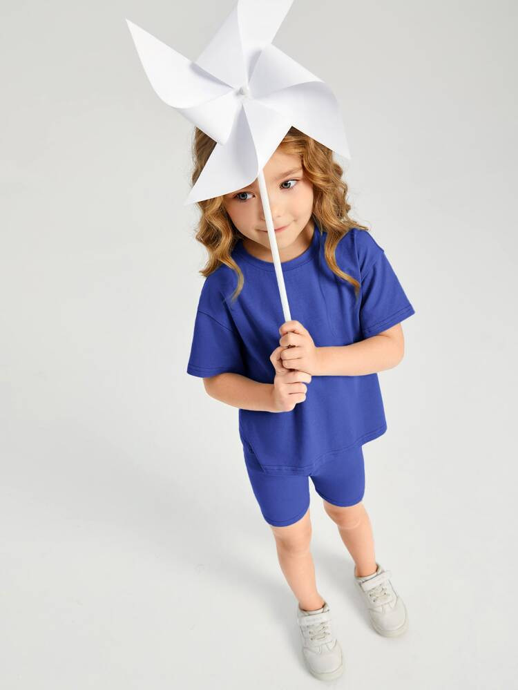 SHEIN BASICS Toddler Girls Cotton Drop Shoulder Top & Biker Shorts Set | SHEIN