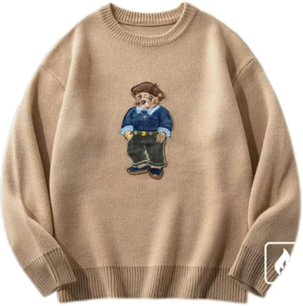 Teddy Bear Embroidered Sweater, Fleece Lined Crewneck Pullover, Warm Winter Knit, Navy Blue, Gree... | Amazon (US)