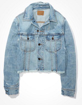 AE Denim Cropped Destroyed Boyfriend Jacket | American Eagle Outfitters (US & CA)